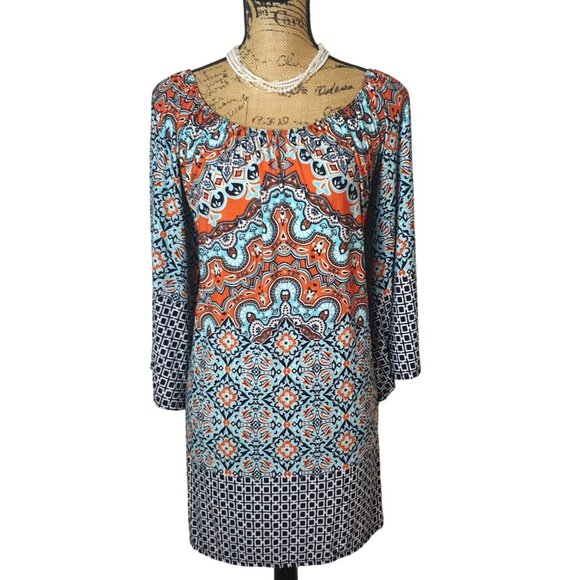 Womens Bohemian Tunic Top 2X 3/4 Sleeves Loose Fit Coquette Stretch Vibrant USA - Picture 1 of 6